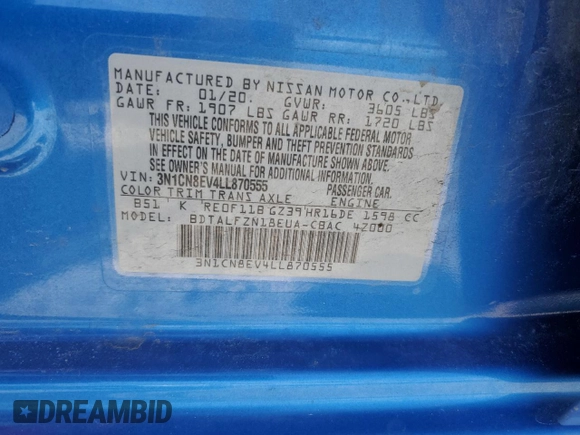 2020 Nissan Versa SV z VIN 3N1CN8EV4LL870555, wystawiony jako Copart lot #56650675 z przebiegiem 49 724 mil mil oraz Szkoda całkowita • Salvage title. Historia ofert i sprzedaży dostępna na DreamBid. Obrazek 13.