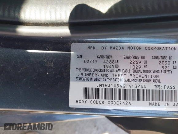 2016 Mazda 6 i Sport with VIN JM1GJ1U54G1413244, listed as a IAAI auction lot 42062416 with 148,970 mi miles and . Bid and sale history available at DreamBid. Image 9.