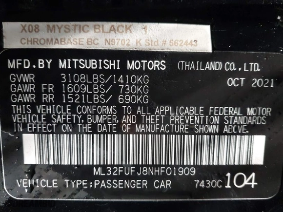 2022 Mitsubishi Mirage G4 ES with VIN ML32FUFJ8NHF01909, listed as a IAAI auction lot 41052679 with 35,154 mi miles. Bid and sale history available at carsss.com. Image 9.