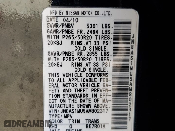 2010 Infiniti FX with VIN JN8AS1MU5AM802317, listed as a Copart auction lot 41622005 with 144,430 mi miles and Salvage title. Bid and sale history available at DreamBid. Image 16.