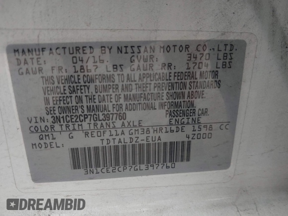 2016 Nissan Note SR with VIN 3N1CE2CP7GL397760, listed as a IAAI auction lot 41711959 with 127,075 mi miles and . Bid and sale history available at DreamBid. Image 9.
