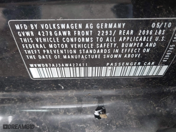 2010 Volkswagen Golf with VIN WVWDB7AJ3AW427411, listed as a IAAI auction lot 41849440 with 62,093 mi miles. Bid and sale history available at carsss.com. Image 9.