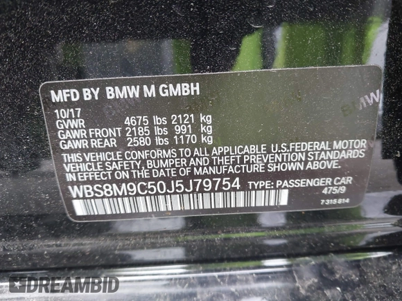 2018 BMW M3 with VIN WBS8M9C50J5J79754, listed as a IAAI auction lot 41777691 with 52,526 mi miles and . Bid and sale history available at DreamBid. Image 9.