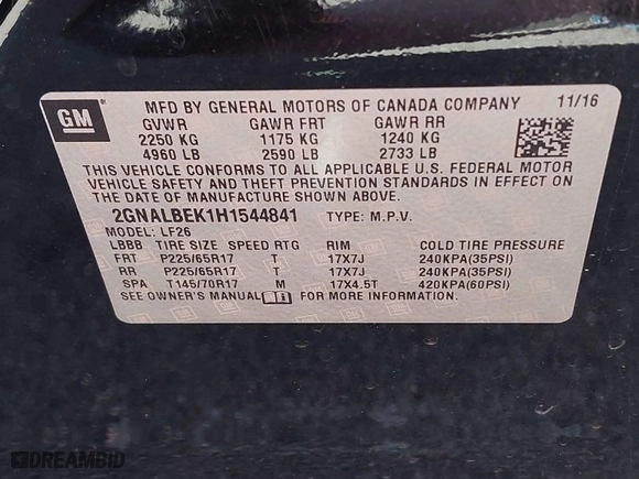2017 Chevrolet Equinox LS with VIN 2GNALBEK1H1544841, listed as a IAAI auction lot 41974811 with 133,219 mi miles. Bid and sale history available at carsss.com. Image 9.