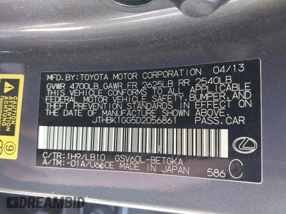 2013 Lexus ES 4dr Sdn with VIN JTHBK1GG5D2056861, listed as a IAAI auction lot 41777864 with 95,943 mi miles. Bid and sale history available at carsss.com. Image 9.