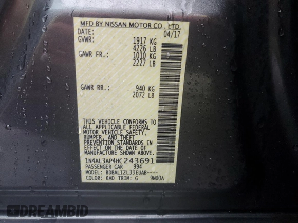 2017 Nissan Altima S z VIN 1N4AL3AP4HC243691, wystawiony jako Copart lot #56223285 z przebiegiem 101 332 mil mil oraz Szkoda całkowita • Salvage title. Historia ofert i sprzedaży dostępna na DreamBid. Obrazek 12.
