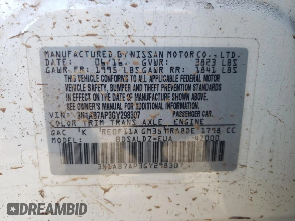 2016 Nissan Sentra SV with VIN 3N1AB7AP3GY298307, listed as a Copart auction lot 49601415 with 103,361 mi miles and Salvage Title. Bid and sale history available at DreamBid. Image 13.