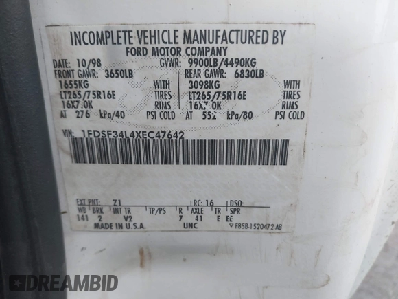 1999 Ford F-350 с VIN 1FDSF34L4XEC47642, выставлен на аукционе IAAI как лот 42513471 с пробегом 187 753 миль миль и . История ставок и продаж доступна на DreamBid. Изображение 9.