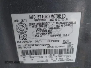 2012 Ford F-150 XL with VIN 1FTFW1ET8CKE26402, listed as a IAAI auction lot 41446188 with 167,987 mi miles. Bid and sale history available at carsss.com. Image 9.