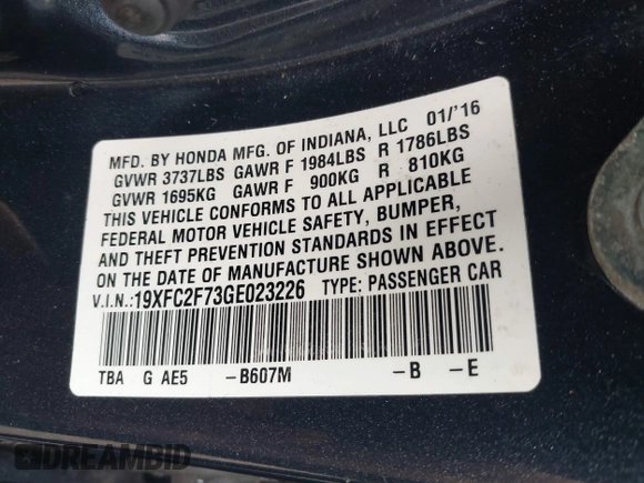 2016 Honda Civic EX with VIN 19XFC2F73GE023226, listed as a IAAI auction lot 42165655 with 141,553 mi miles and . Bid and sale history available at DreamBid. Image 9.