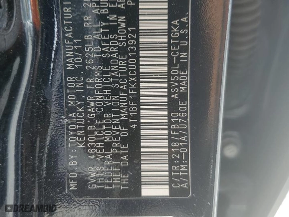 2012 Toyota Camry L with VIN 4T1BF1FKXCU013921, listed as a Copart auction lot 51957815 with 217,588 mi miles and Clean Title. Bid and sale history available at carsss.com. Image 12.