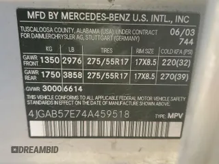 2004 Mercedes-Benz M-Class 3.5L with VIN 4JGAB57E74A459518, listed as a Copart auction lot 88421145 with 196,120 mi miles and Salvage Title. Bid and sale history available at carsss.com. Image 15.