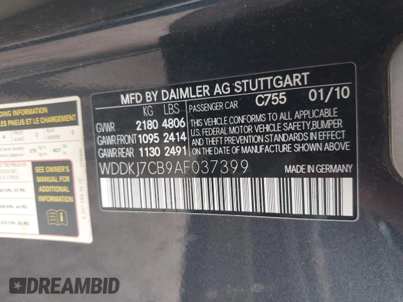2010 Mercedes-Benz E 550 with VIN WDDKJ7CB9AF037399, listed as a IAAI auction lot 42108170 with 177,557 mi miles and . Bid and sale history available at DreamBid. Image 9.