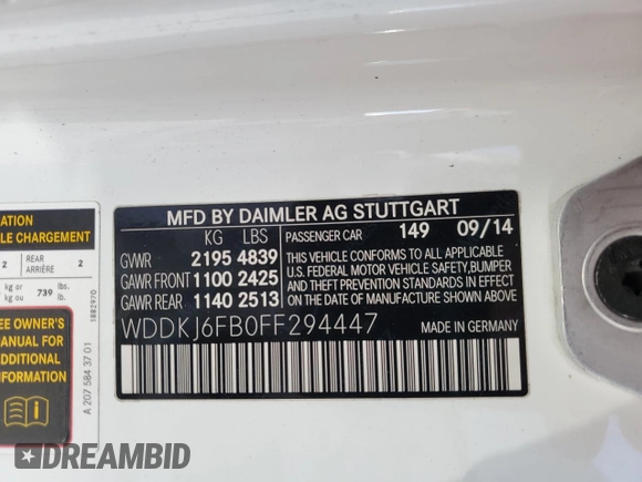 2015 Mercedes-Benz E 400 with VIN WDDKJ6FB0FF294447, listed as a Copart auction lot 84929364 with 96,689 mi miles and Salvage title. Bid and sale history available at DreamBid. Image 13.