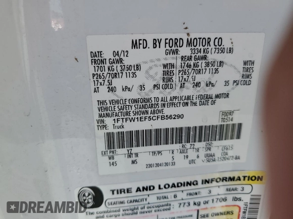 2012 Ford F-150 XL with VIN 1FTFW1EF5CFB56290, listed as a Copart auction lot 74875874 with 233,978 mi miles and Salvage title. Bid and sale history available at DreamBid. Image 13.