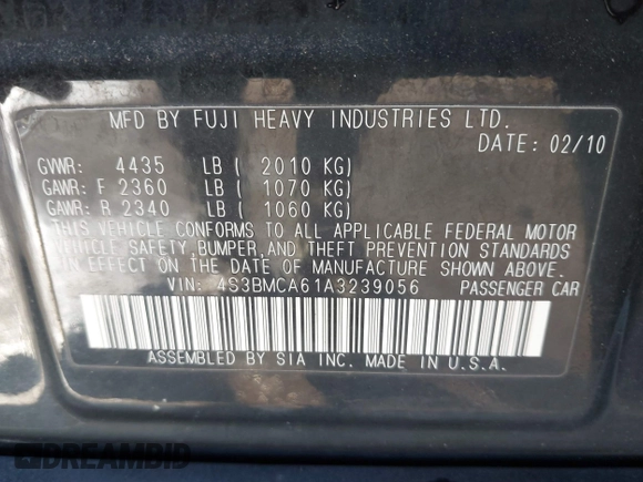 2010 Subaru Legacy 2.5i with VIN 4S3BMCA61A3239056, listed as a IAAI auction lot 41672552 with 174,080 mi miles. Bid and sale history available at carsss.com. Image 9.