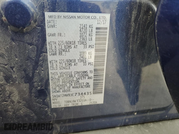 2018 Nissan Rogue SV with VIN 5N1AT2MV9JC734435, listed as a Copart auction lot 54793815 with 227,028 mi miles and Clean Title. Bid and sale history available at carsss.com. Image 12.