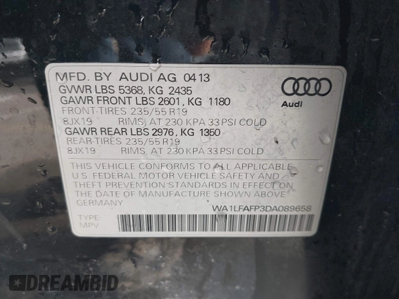 2013 Audi Q5 Premium Plus with VIN WA1LFAFP3DA089658, listed as a IAAI auction lot 41895492 with 152,417 mi miles. Bid and sale history available at carsss.com. Image 9.