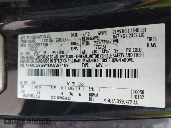 2013 Ford Escape SE with VIN 1FMCU9G91DUA07169, listed as a IAAI auction lot 42602370 with 153,001 mi miles and . Bid and sale history available at DreamBid. Image 9.