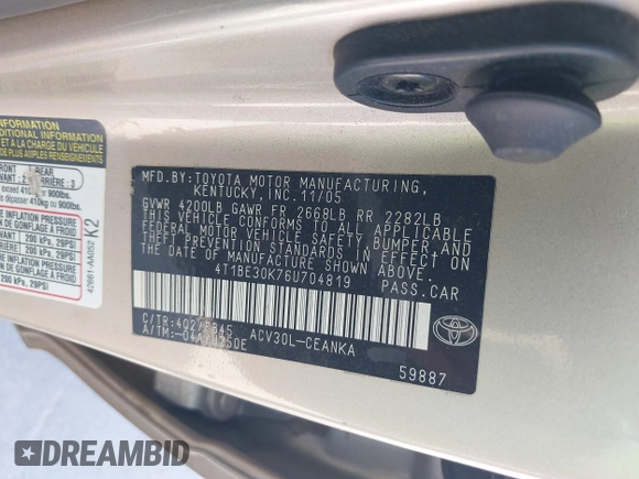 2006 Toyota Camry STD with VIN 4T1BE30K76U704819, listed as a IAAI auction lot 42021982 with 264,934 mi miles and . Bid and sale history available at carsss.com. Image 9.