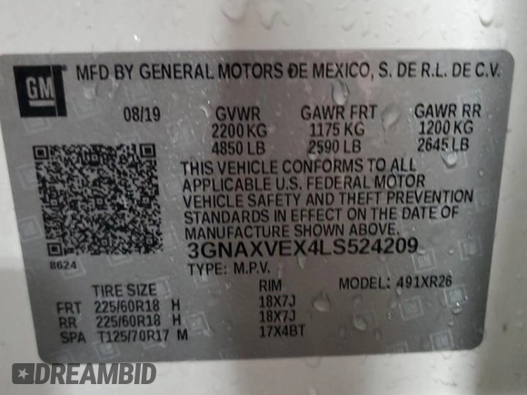 2020 Chevrolet Equinox LT z VIN 3GNAXVEX4LS524209, wystawiony jako Copart lot #51547335 z przebiegiem 71 189 mil mil oraz Szkoda całkowita • Salvage title. Historia ofert i sprzedaży dostępna na DreamBid. Obrazek 14.