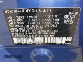 2020 Honda HR-V EX with VIN 3CZRU6H54LM724154, listed as a IAAI auction lot 41715536 with 30,940 mi miles. Bid and sale history available at carsss.com. Image 9.