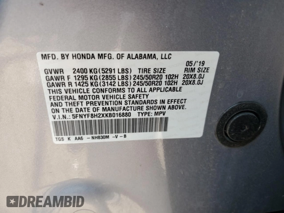 2019 Honda Passport Sport with VIN 5FNYF8H2XKB016880, listed as a Copart auction lot 58046475 with 73,615 mi miles and Salvage title. Bid and sale history available at DreamBid. Image 13.