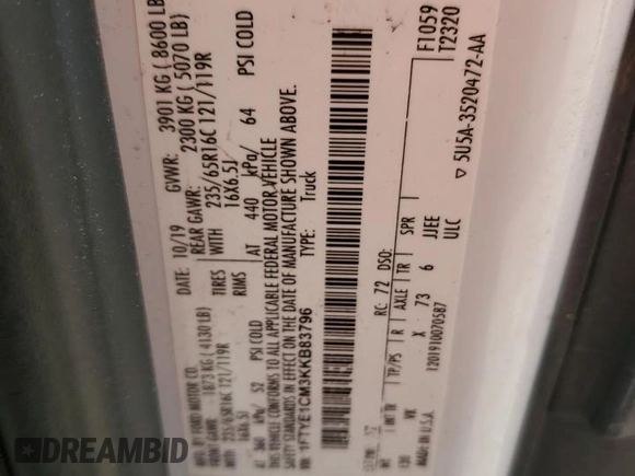 2019 Ford Transit with VIN 1FTYE1CM3KKB83796, listed as a Copart auction lot 54079855 with 76,721 mi miles and Salvage Title. Bid and sale history available at DreamBid. Image 12.