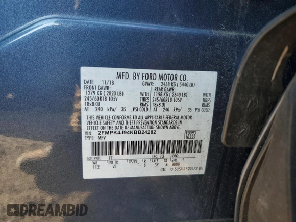 2019 Ford Edge SEL with VIN 2FMPK4J94KBB24282, listed as a Copart auction lot 41458195 with 41,141 mi miles and Salvage Title. Bid and sale history available at carsss.com. Image 13.