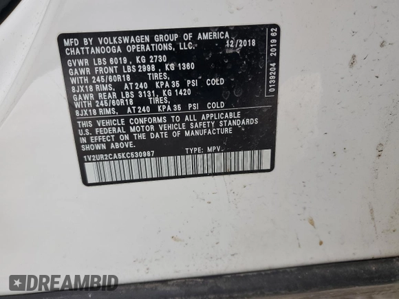 2019 Volkswagen Atlas SE z VIN 1V2UR2CA5KC530987, wystawiony jako Copart lot #45872945 z przebiegiem Nie podano mil oraz Szkoda całkowita • Salvage title. Historia ofert i sprzedaży dostępna na DreamBid. Obrazek 14.