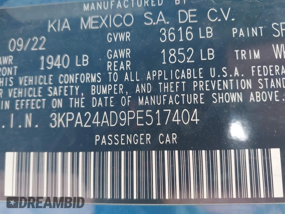 2023 Kia Rio LX with VIN 3KPA24AD9PE517404, listed as a IAAI auction lot 41609216 with 191,122 mi miles. Bid and sale history available at carsss.com. Image 9.