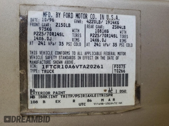 1997 Ford Ranger XLT with VIN 1FTCR10A6VTA20261, listed as a Copart auction lot 60361825 with 169,369 mi miles and Non repairable. Bid and sale history available at DreamBid. Image 12.