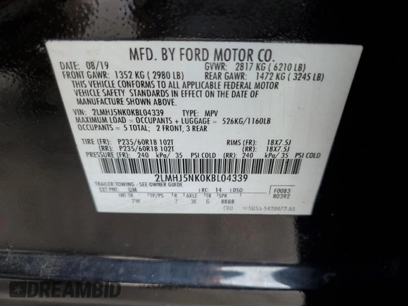 2019 Lincoln MKT with VIN 2LMHJ5NK0KBL04339, listed as a Copart auction lot 67977604 with 224,323 mi miles and Salvage Title. Bid and sale history available at DreamBid. Image 14.
