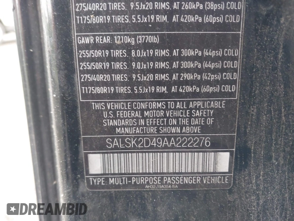 2010 Land Rover Range Rover Sport HSE Lux с VIN SALSK2D49AA222276, выставлен на аукционе IAAI как лот 42301910 с пробегом 175 395 миль миль и . История ставок и продаж доступна на DreamBid. Изображение 9.
