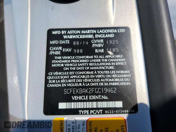 2015 Aston Martin Vantage z VIN SCFEKBAK2FGC19462, wystawiony jako Copart lot #61093934 z przebiegiem 53 068 mil mil oraz Szkoda całkowita • Salvage title. Historia ofert i sprzedaży dostępna na DreamBid. Obrazek 12.