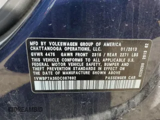 2013 Volkswagen Passat SE with VIN 1VWBP7A35DC087692, listed as a Copart auction lot 62236985 with 195,921 mi miles and Salvage title. Bid and sale history available at DreamBid. Image 12.