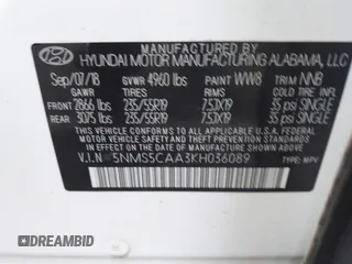 2019 Hyundai Santa Fe Ultimate with VIN 5NMS5CAA3KH036089, listed as a IAAI auction lot 40810710 with 62,561 mi miles and . Bid and sale history available at DreamBid. Image 9.