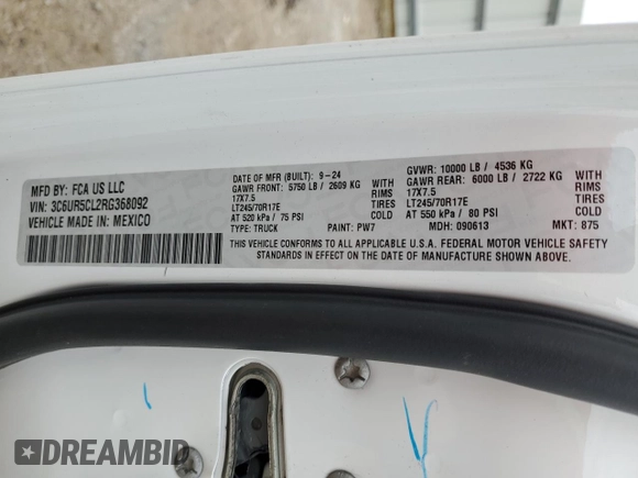 2024 Ram 2500 Tradesman with VIN 3C6UR5CL2RG368092, listed as a Copart auction lot 47011285 with 7,102 mi miles and Salvage title. Bid and sale history available at DreamBid. Image 12.