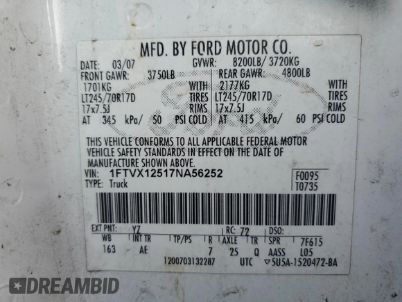 2007 Ford F-150 XL with VIN 1FTVX12517NA56252, listed as a Copart auction lot 82654414 with 464,180 mi miles and Clean title. Bid and sale history available at DreamBid. Image 12.