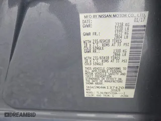 2017 Nissan Murano SV with VIN 5N1AZ2MG4HN137420, listed as a IAAI auction lot 41933199 with 65,025 mi miles. Bid and sale history available at carsss.com. Image 9.