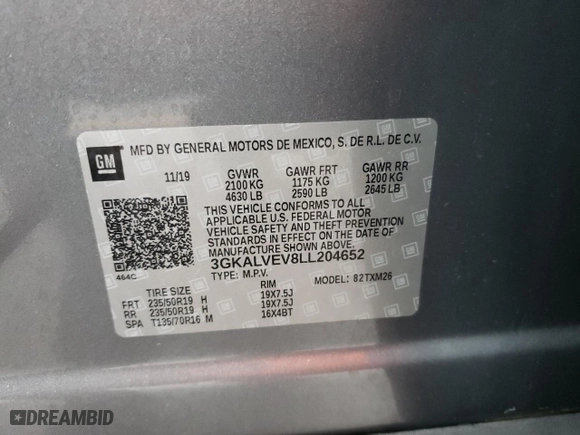 2020 GMC Terrain SLT with VIN 3GKALVEV8LL204652, listed as a Copart auction lot 80185014 with 53,724 mi miles and Salvage Title. Bid and sale history available at carsss.com. Image 14.