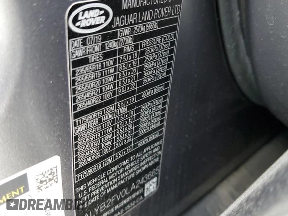 2020 Land Rover Range Rover Velar S with VIN SALYB2FV0LA243665, listed as a Copart auction lot 50787645 with 49,127 mi miles and Salvage title. Bid and sale history available at DreamBid. Image 14.