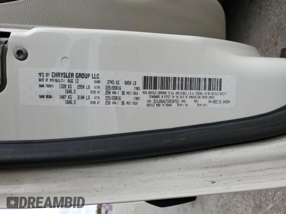 2013 Ram Cargo Van Tradesman with VIN 2C4JRGAG7DR530752, listed as a Copart auction lot 82168364 with 172,330 mi miles and Salvage Title. Bid and sale history available at carsss.com. Image 13.