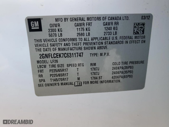 2012 Chevrolet Equinox LS with VIN 2GNFLCEK7C6311747, listed as a Copart auction lot 52574045 with 125,190 mi miles and Salvage Title. Bid and sale history available at carsss.com. Image 12.