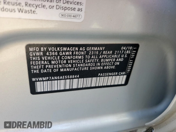 2010 Volkswagen CC Sport with VIN WVWMP7AN6AE558844, listed as a Copart auction lot 66675904 with 146,948 mi miles and Salvage Title. Bid and sale history available at carsss.com. Image 12.
