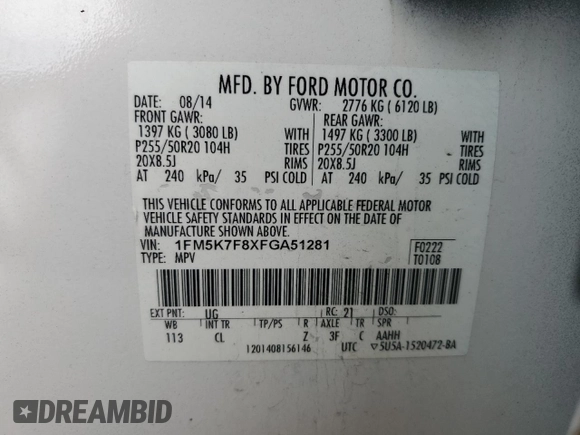 2015 Ford Explorer Limited z VIN 1FM5K7F8XFGA51281, wystawiony jako Copart lot #52394155 z przebiegiem 59 767 mil mil oraz Szkoda całkowita • Salvage title. Historia ofert i sprzedaży dostępna na DreamBid. Obrazek 13.