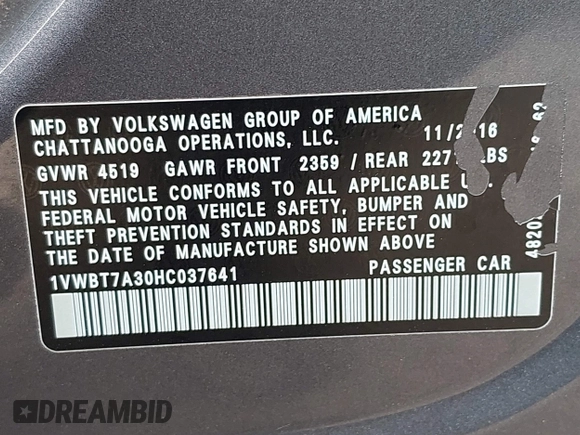 2017 Volkswagen Passat SE with VIN 1VWBT7A30HC037641, listed as a IAAI auction lot 42561616 with 119,614 mi miles and . Bid and sale history available at DreamBid. Image 9.