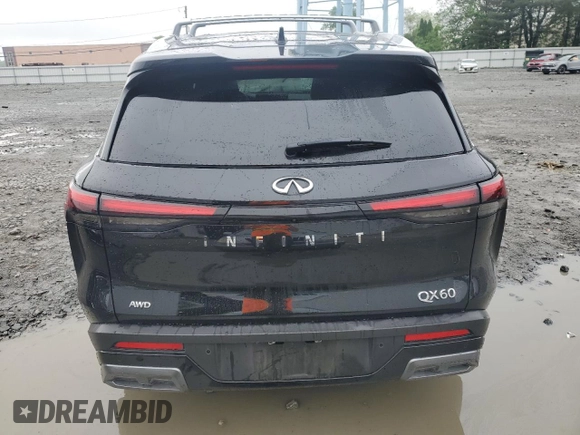 2025 Infiniti QX60 Sensory with VIN 5N1AL1GS7SC336153, listed as a Copart auction lot 57083985 with 5,692 mi miles and Salvage title. Bid and sale history available at DreamBid. Image 6.