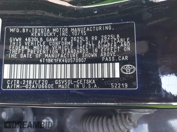2016 Toyota Camry XSE with VIN 4T1BK1FK4GU570907, listed as a IAAI auction lot 41656506 with 1 mi miles. Bid and sale history available at carsss.com. Image 9.