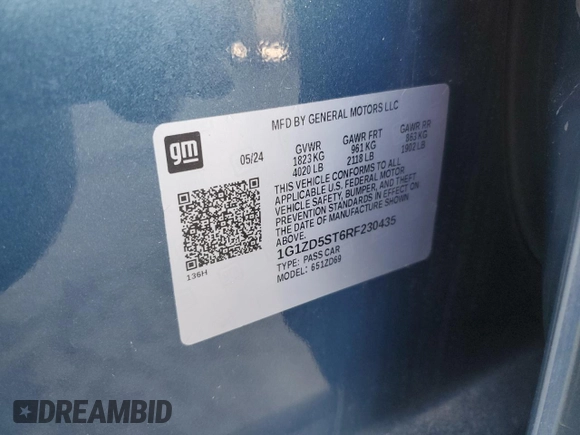 2024 Chevrolet Malibu LT with VIN 1G1ZD5ST6RF230435, listed as a Copart auction lot 52901115 with 16,645 mi miles and Clean Title. Bid and sale history available at DreamBid. Image 12.